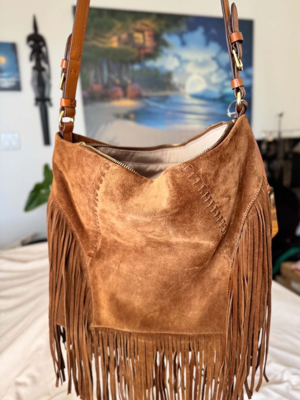 NWT Ralph Lauren Faulk Large Nutmeg Suede Fringe Messenger Bag - Picture 3 of 9